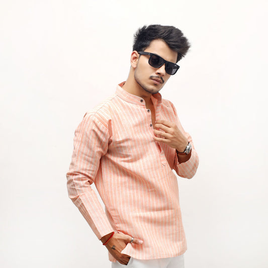 Orange Golden Striped Full Sleeves Khadi Short Kurta front model view