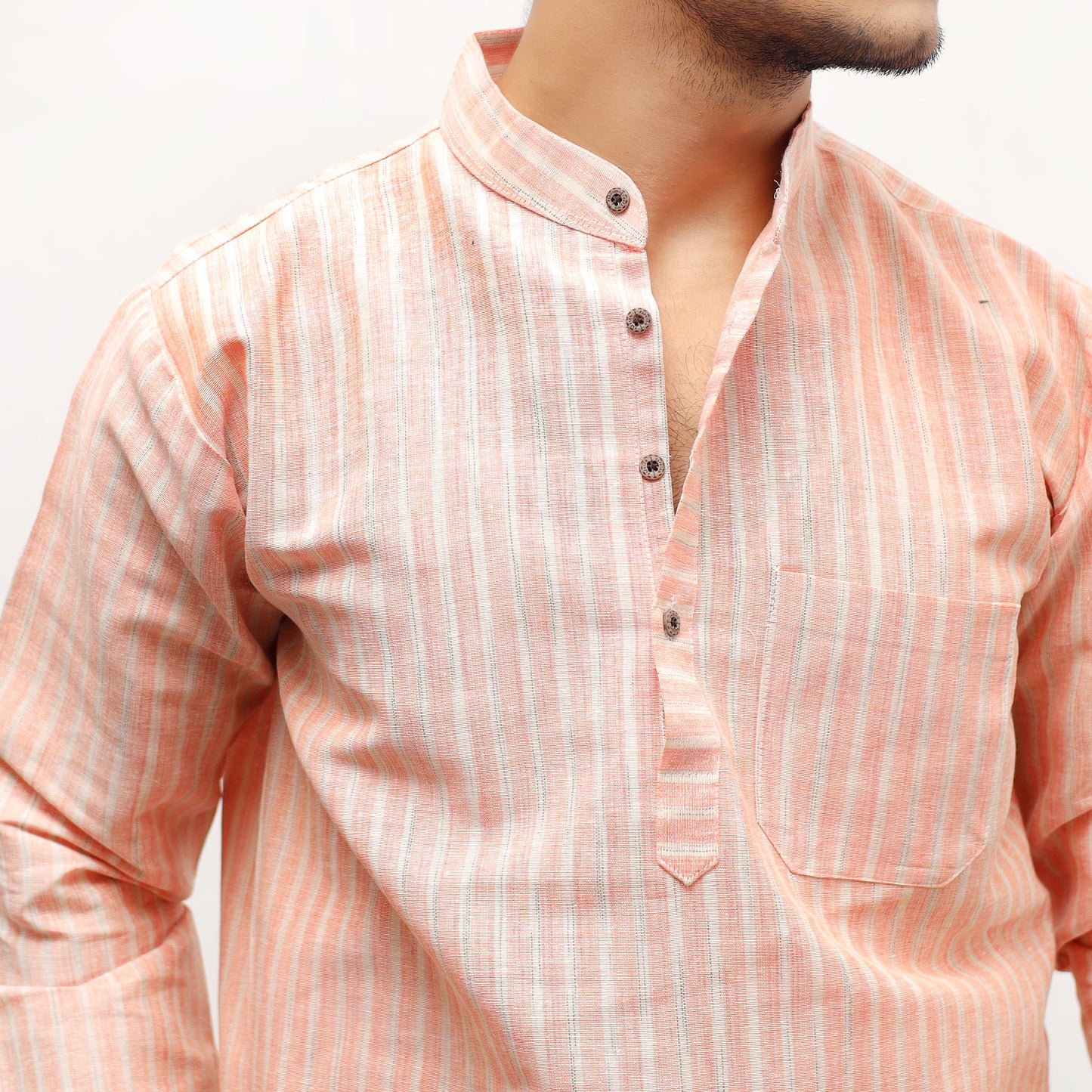 Orange khadi striped kurta mandarin collar button detail