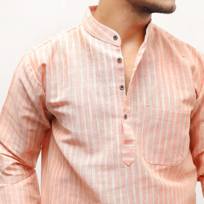 Orange khadi striped kurta mandarin collar button detail