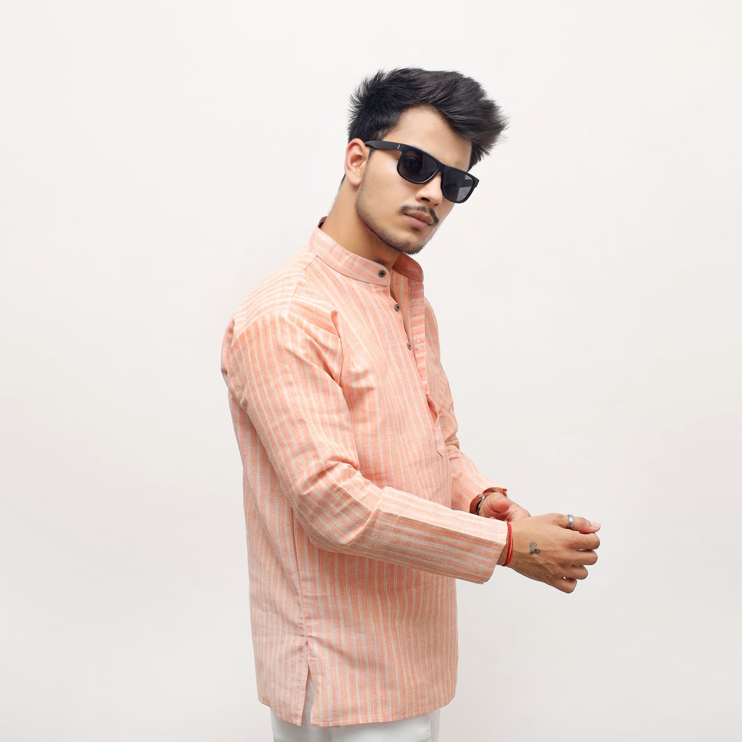Orange Golden Striped Full Sleeves Khadi Short Kurta side angle look
