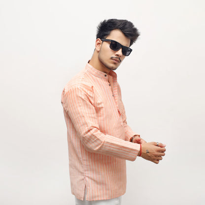 Orange Golden Striped Full Sleeves Khadi Short Kurta side angle look