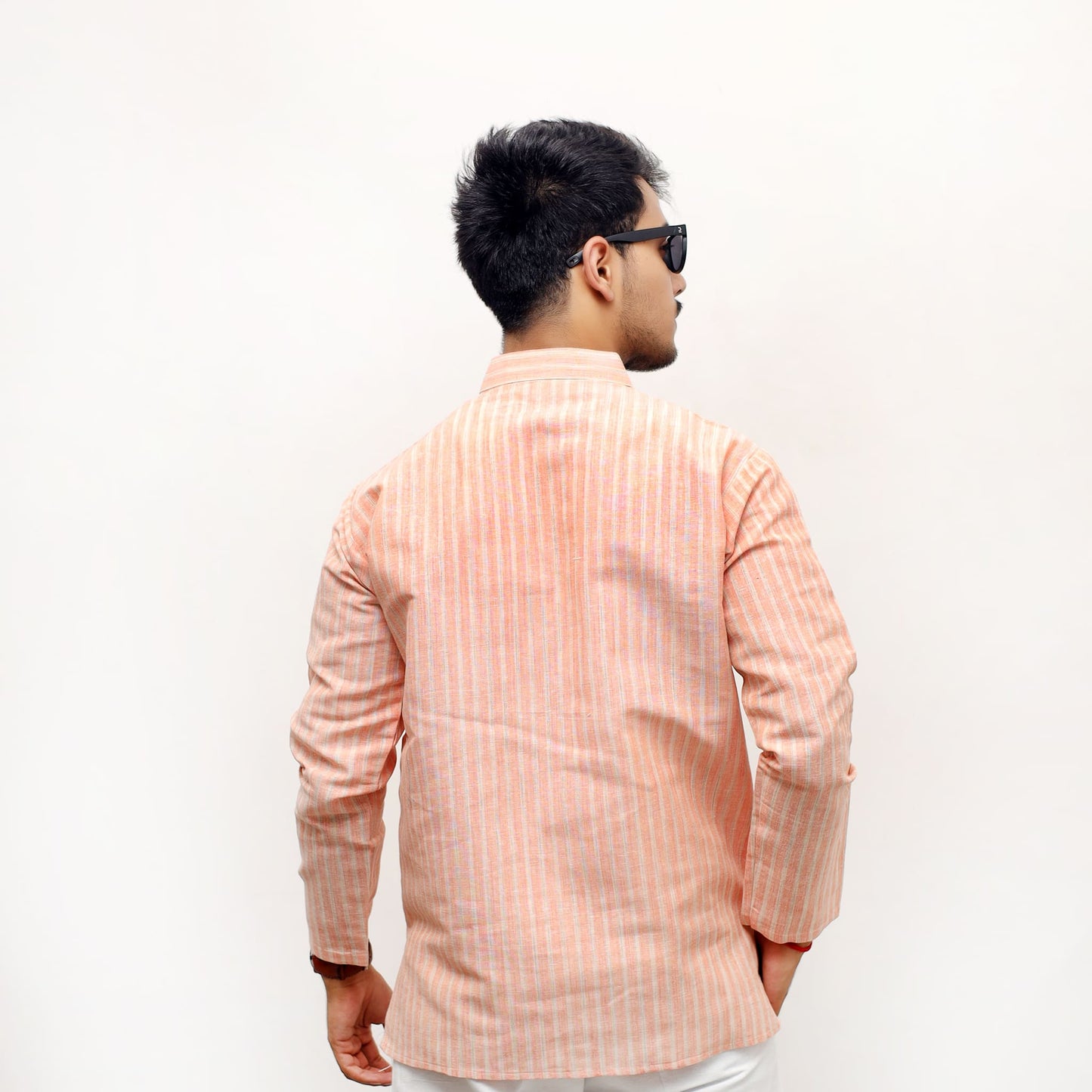 Orange Golden Striped Khadi Short Kurta back profile view