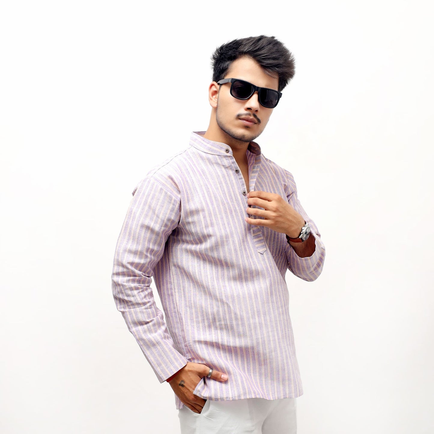 Buy purple golden striped full sleeves khadi short kurta front style