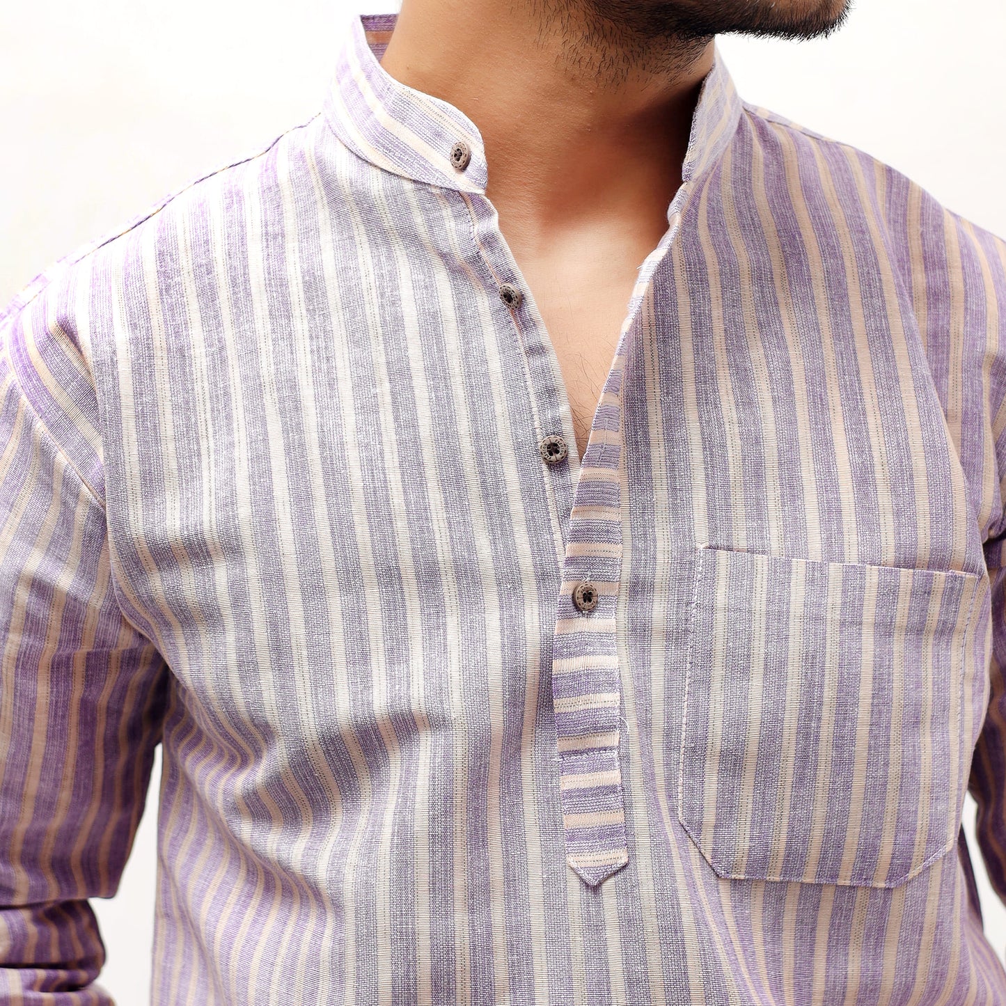 Purple striped khadi short kurta close-up mandarin collar detail