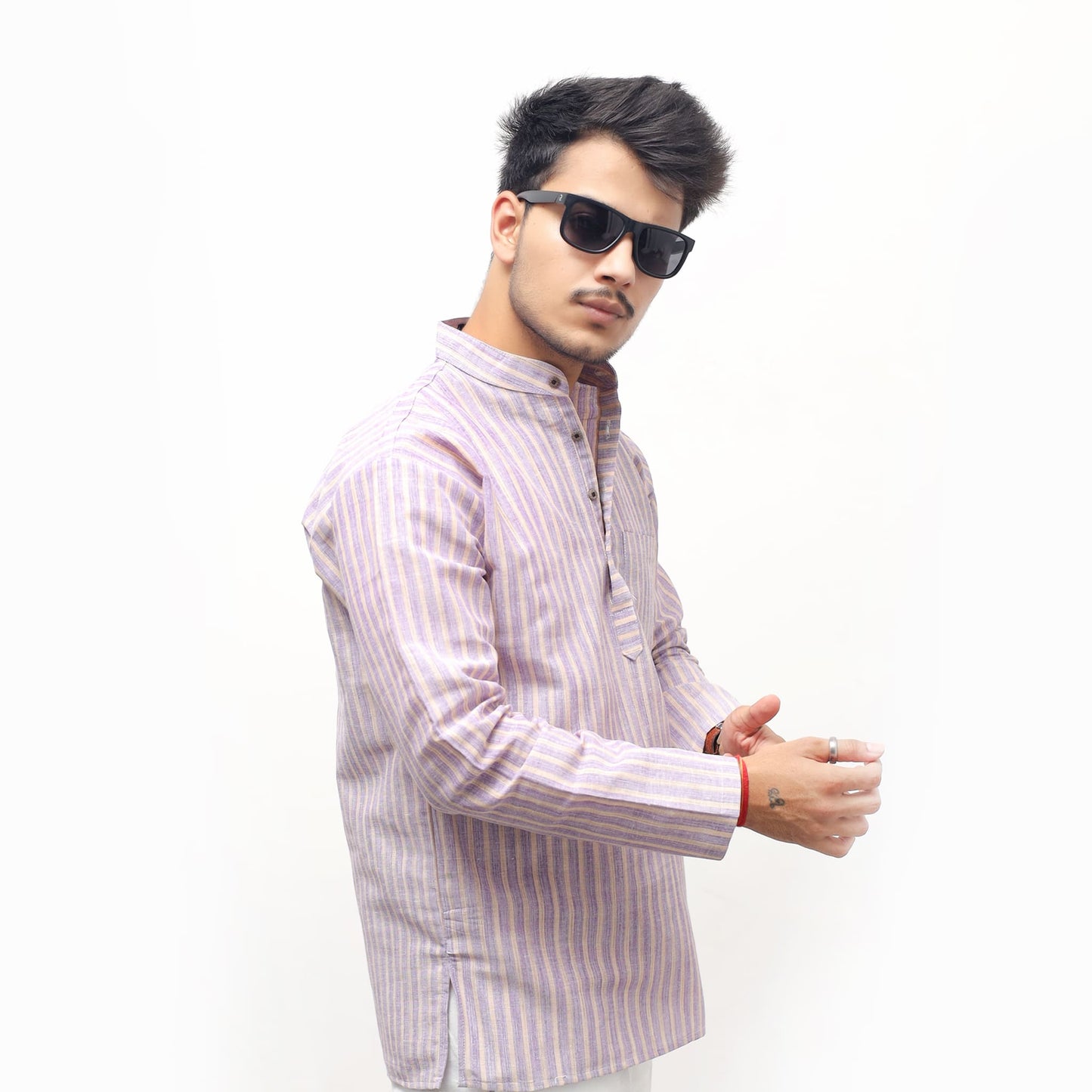 Side view purple golden striped full sleeves khadi short kurta men