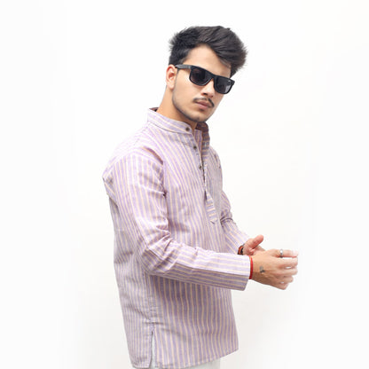 Side view purple golden striped full sleeves khadi short kurta men