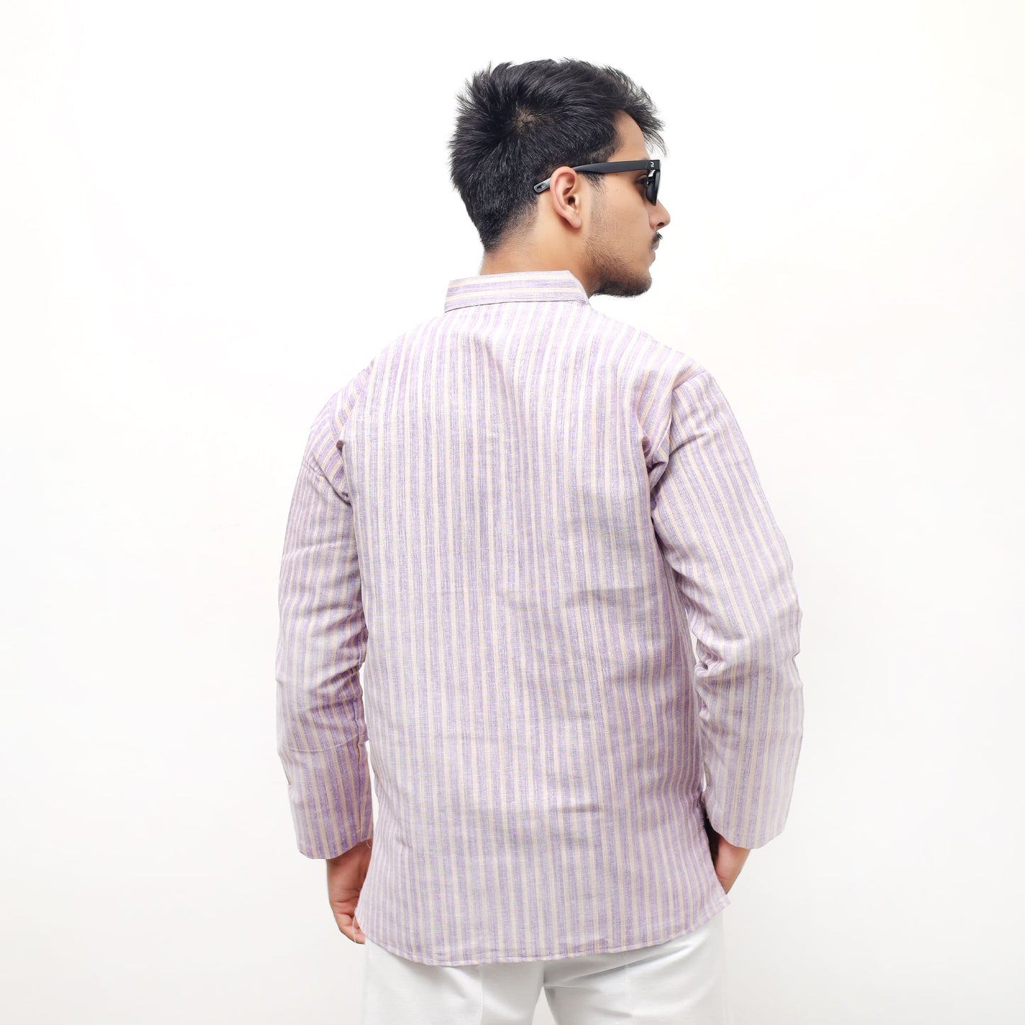 Purple golden striped khadi short kurta back fit view
