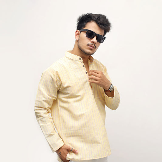 Yellow golden striped khadi short kurta front style view