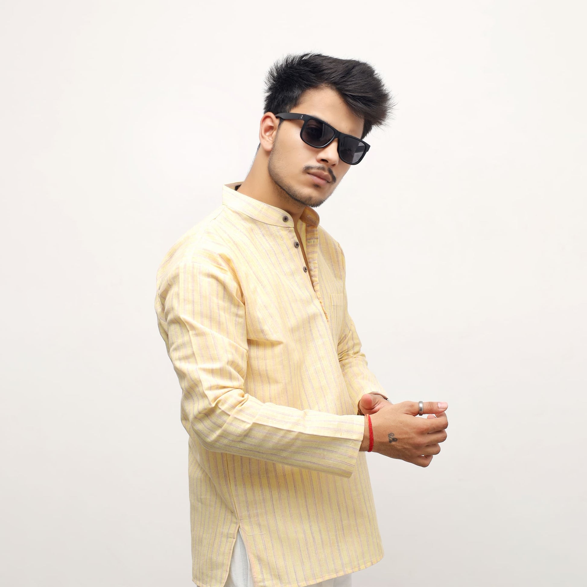 Yellow khadi striped kurta side profile full sleeves