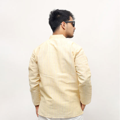 Yellow striped khadi kurta back design clean finish