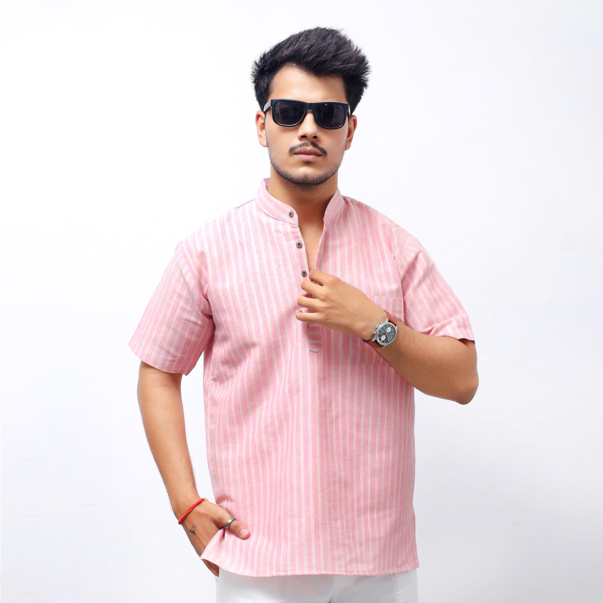 Pink Golden Striped Full Sleeves Khadi Short Kurta front view with mandarin collar