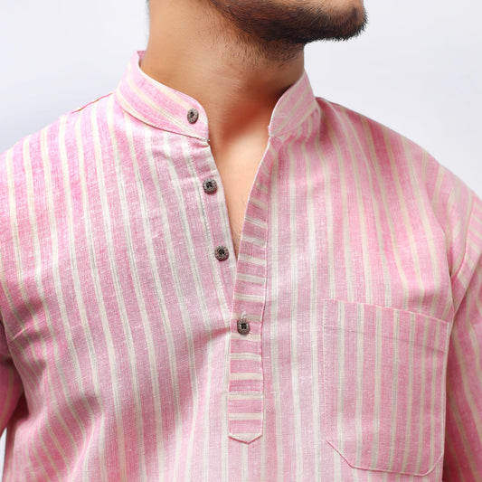 Close-up of pink khadi kurta with golden stripes and button placket detail