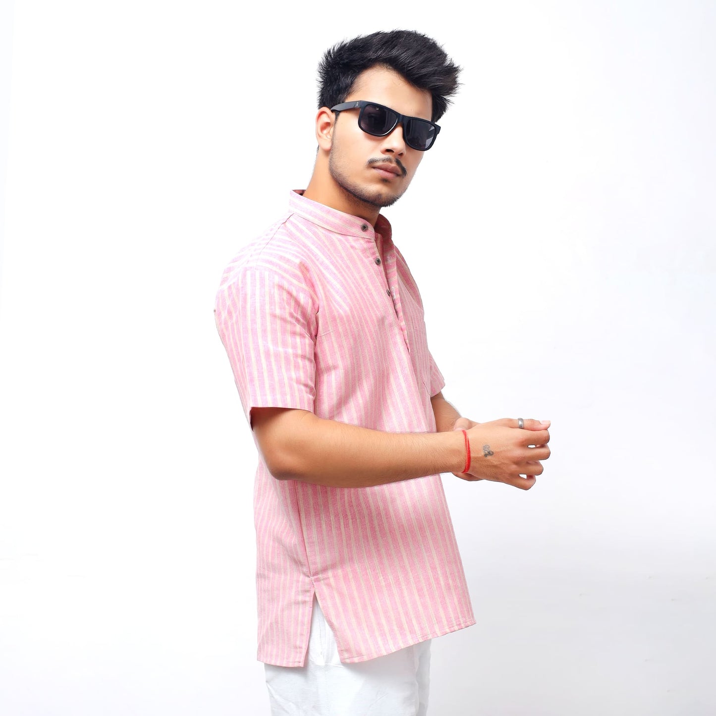 Side angle of Pink Golden Striped Full Sleeves Khadi Short Kurta for men
