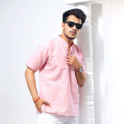 Pink striped khadi short kurta styled casually with modern fit