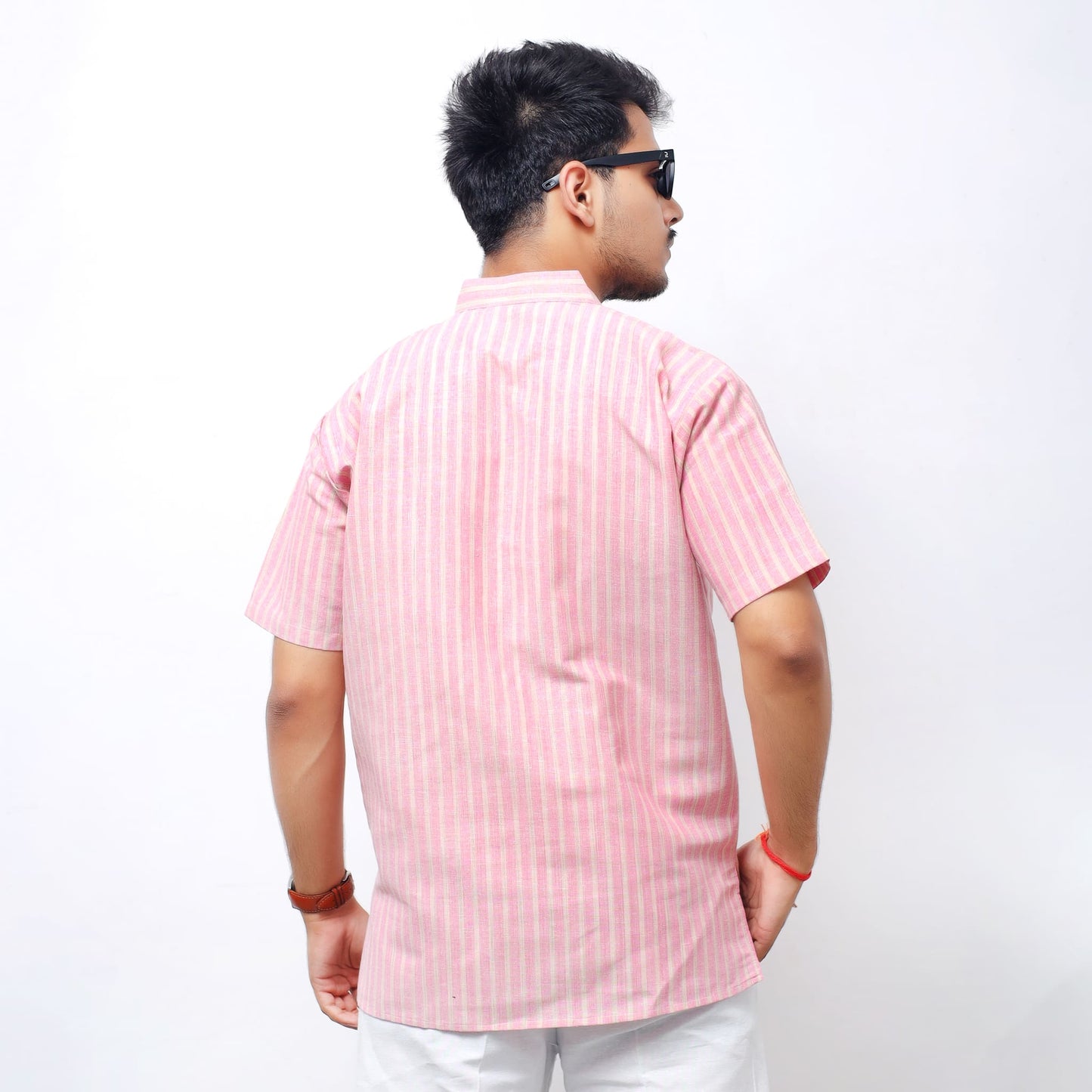 Back view of pink golden striped khadi kurta showing clean silhouette
