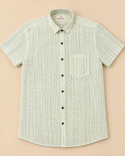 Green Rustic Handloom Cotton Half Sleeve Shirt for Men by Kargham