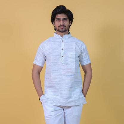 Orange Pattern White Jharna Khadi Cotton Co-ord Set Front View for Men