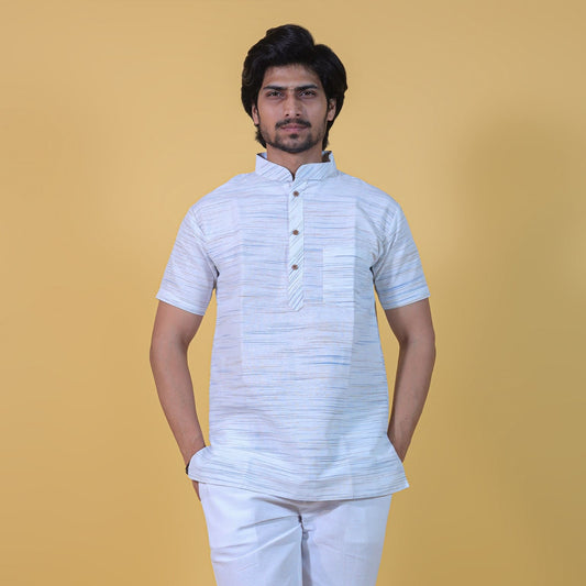 Orange Pattern White Jharna Khadi Cotton Co-ord Set Front View for Men