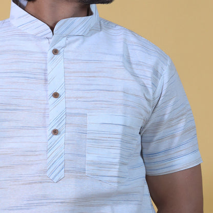 White Kurta with Orange Jharna Pattern Collar Close-Up