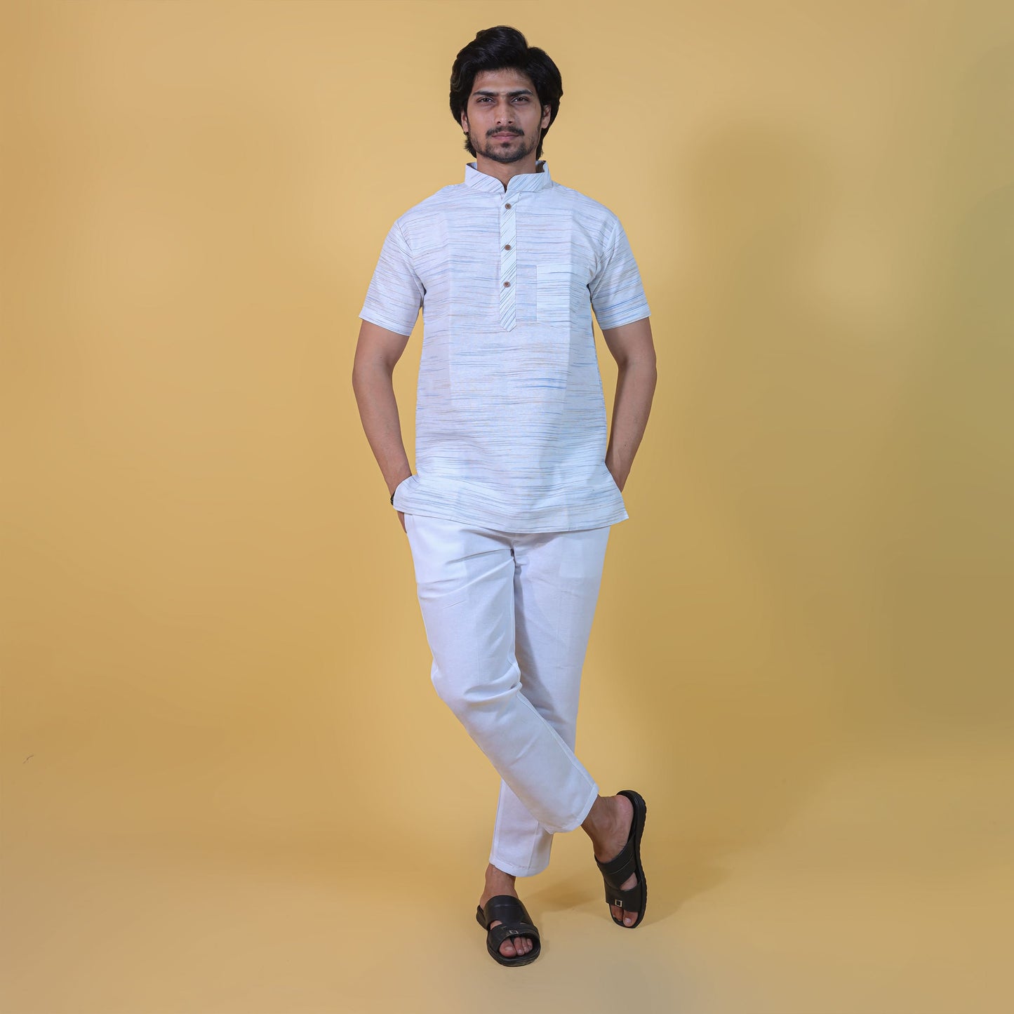 Orange Pattern White Kurta Pant Full Co-ord Set for Men