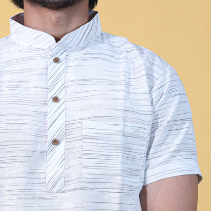 White Kurta with Grey Jharna Pattern Collar Close-Up