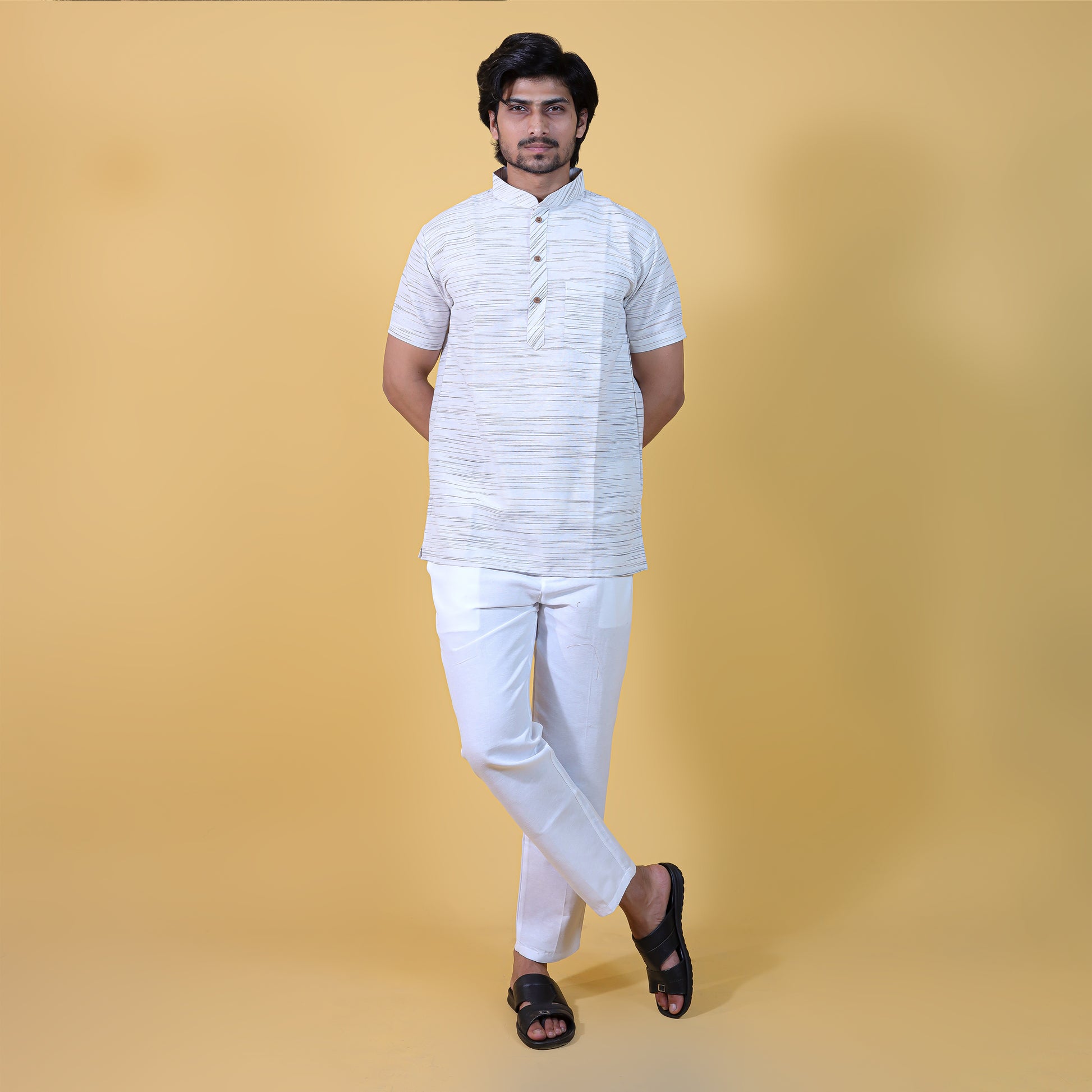 Half Sleeves Grey Pattern White Kurta Pant Full Co-ord Set for Men