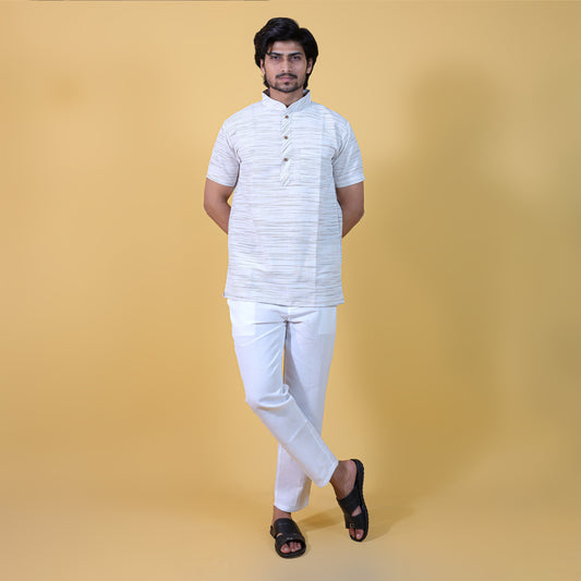 Half Sleeves Grey Pattern White Kurta Pant Full Co-ord Set for Men