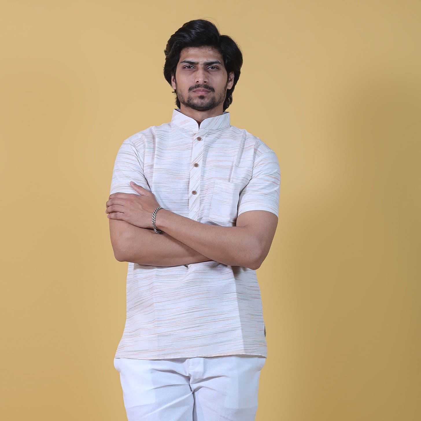 Half Sleeves Green Pattern White Jharna Cotton Co-ord Set Front View for Men