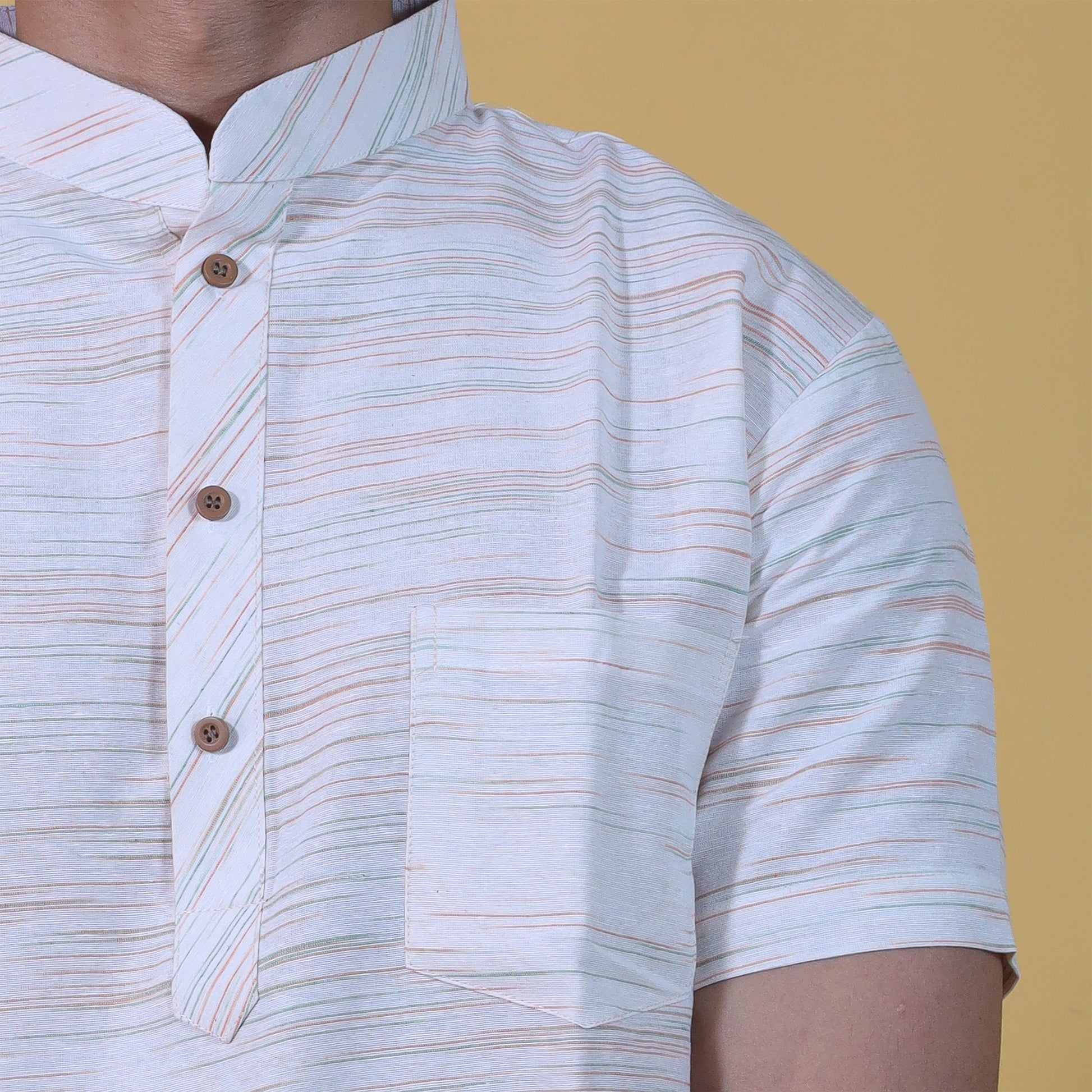 White Kurta with Green Jharna Pattern Collar Close-Up