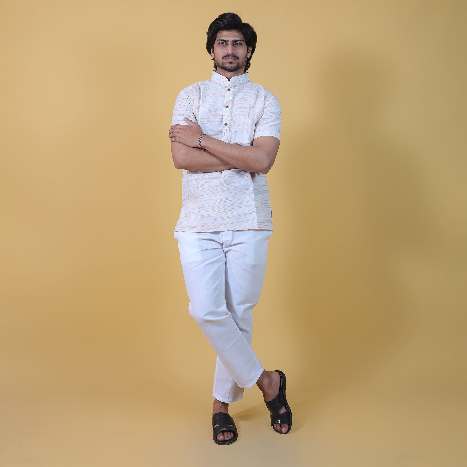 Half Sleeves Green Pattern White Kurta Pant Full Co-ord Set for Men