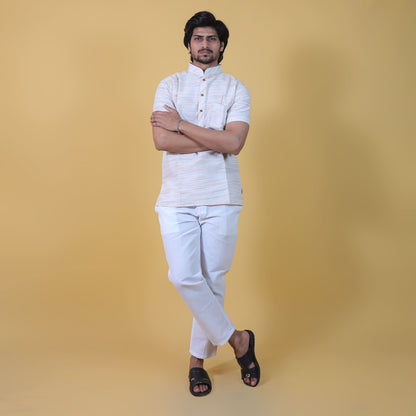 Half Sleeves Green Pattern White Kurta Pant Full Co-ord Set for Men