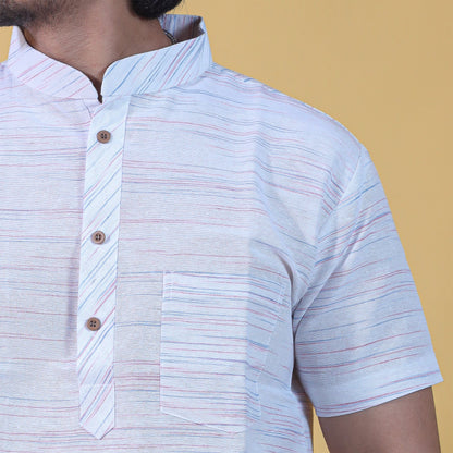 White Kurta with Sky Blue Jharna Pattern Collar Close-Up