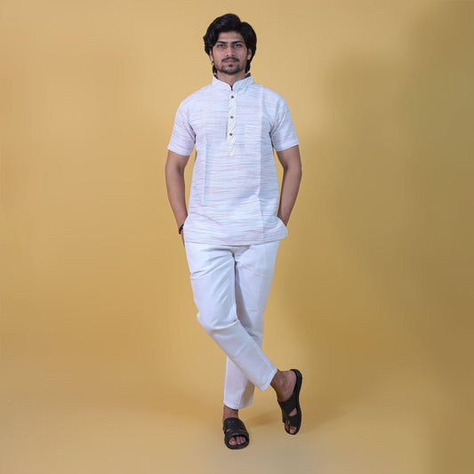 Half Sleeves Sky Blue Pattern White Kurta Pant Full Co-ord Set for Men