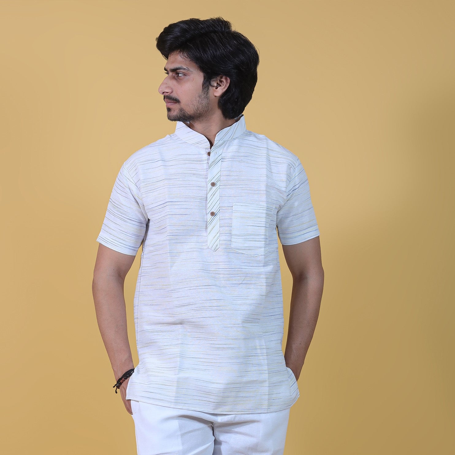 Yellow Pattern White Jharna Khadi Cotton Co-ord Set Front View for Men