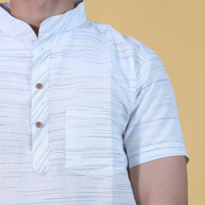 White Kurta with Yellow Jharna Pattern Collar Close-Up