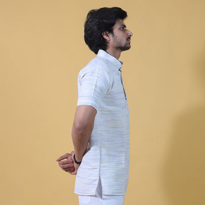 White Yellow Pattern Short Kurta Side View for Men