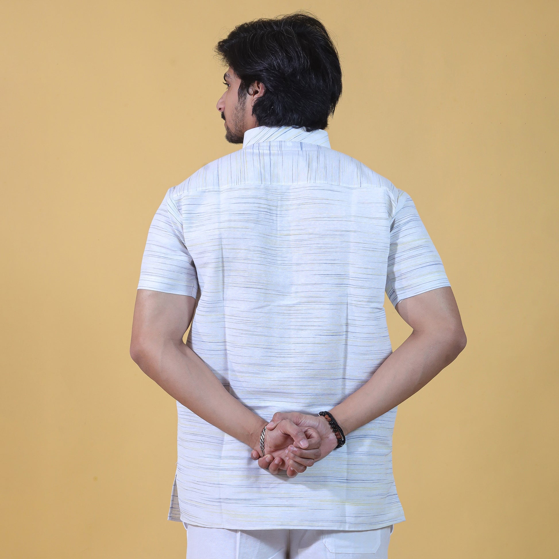 Yellow Pattern White Jharna Kurta Back View for Men