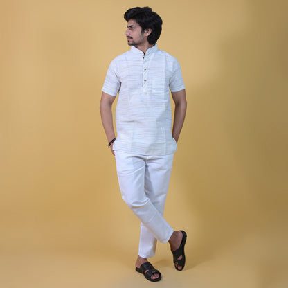 Yellow Pattern White Kurta Pant Full Co-ord Set for Men