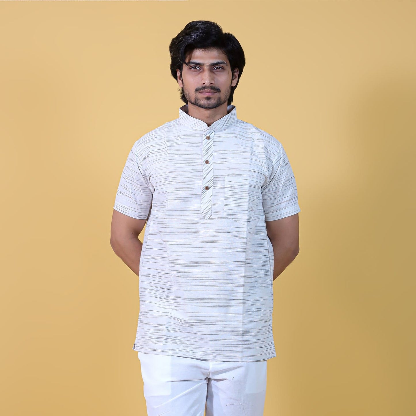 white khadi cotton short kurta for men with grey jharna front view