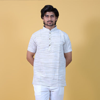 white khadi cotton short kurta for men with grey jharna front view