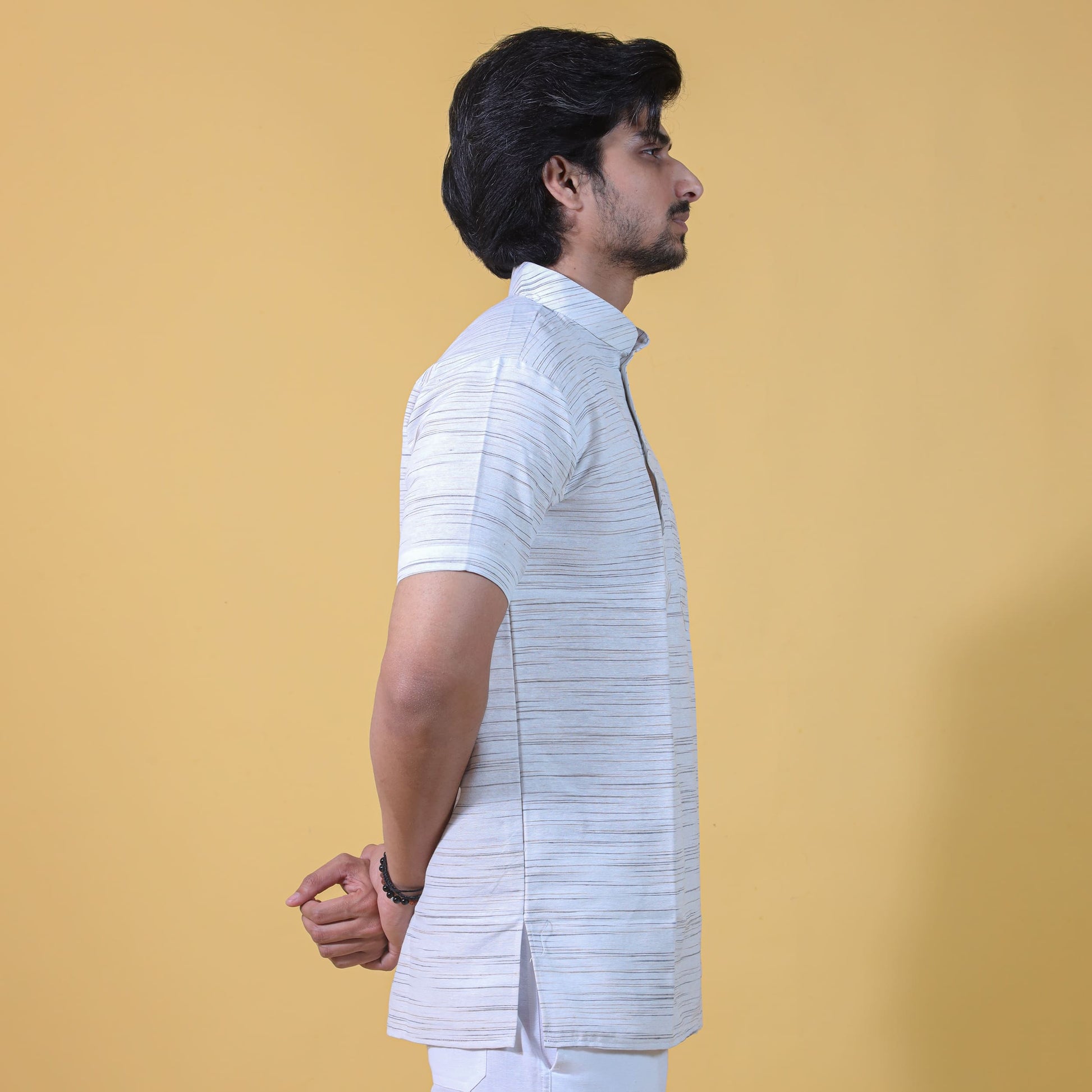 side view white khadi kurta with grey jharna half sleeves