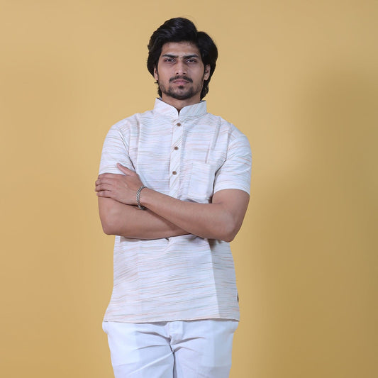 white base khadi cotton with green jharna cotton short kurta for men front view