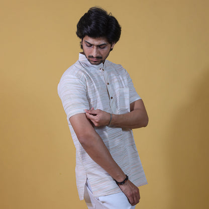 side profile white khadi kurta green jharna half sleeves