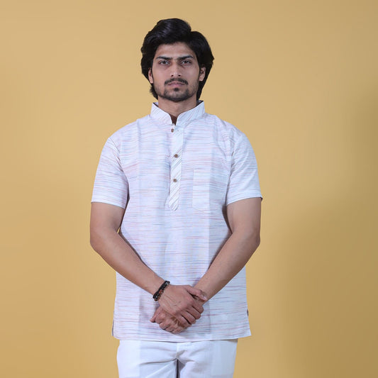 white khadi cotton short kurta for men with orange jharna front view