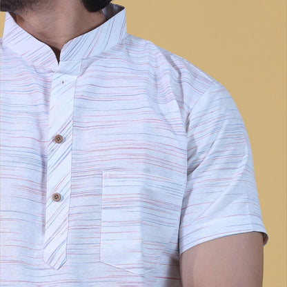 orange jharna stripe pattern on white khadi kurta close up