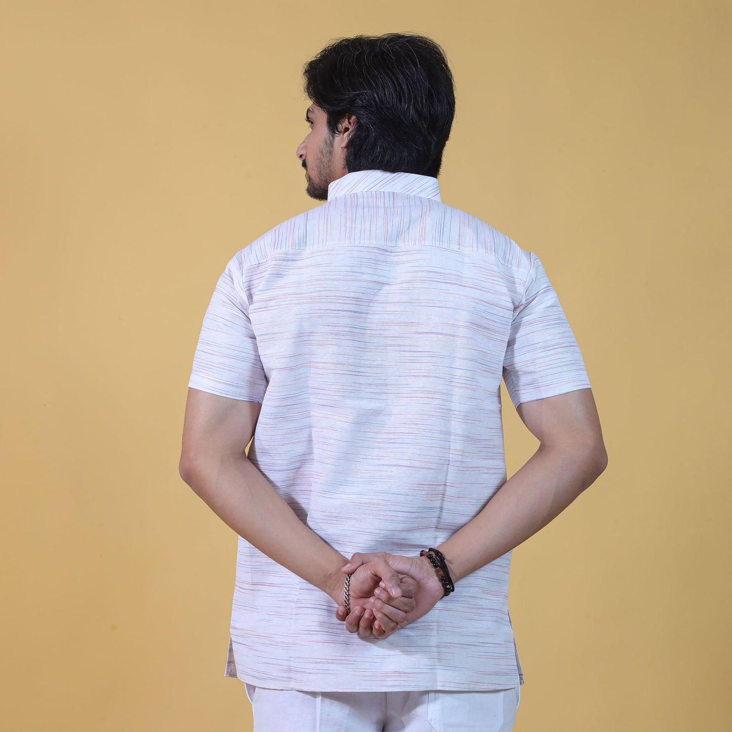back view white khadi kurta with orange jharna texture