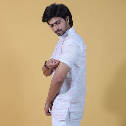 side profile white kurta with orange jharna half sleeves