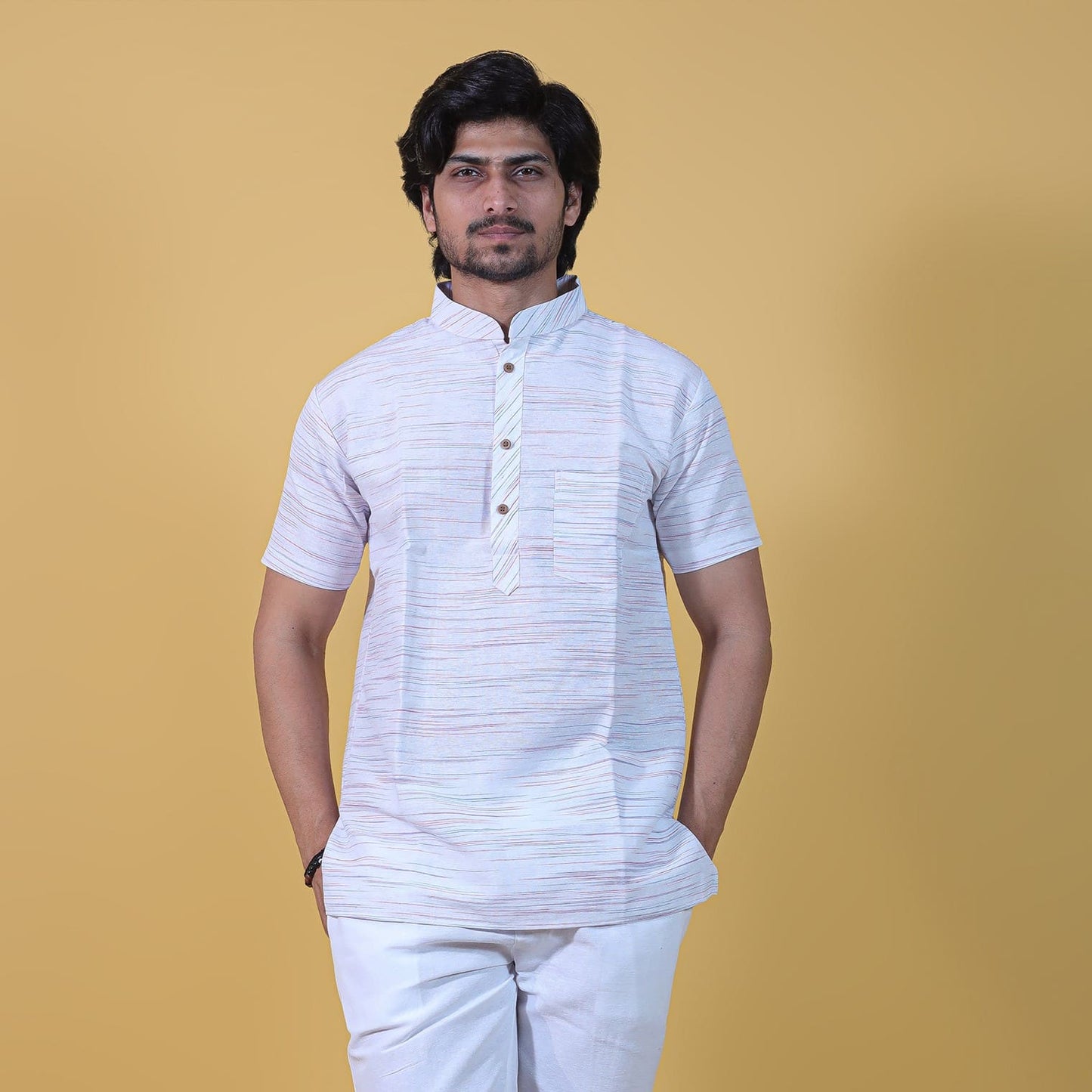 white base khadi with sky blue jharna cotton short kurta for men front view