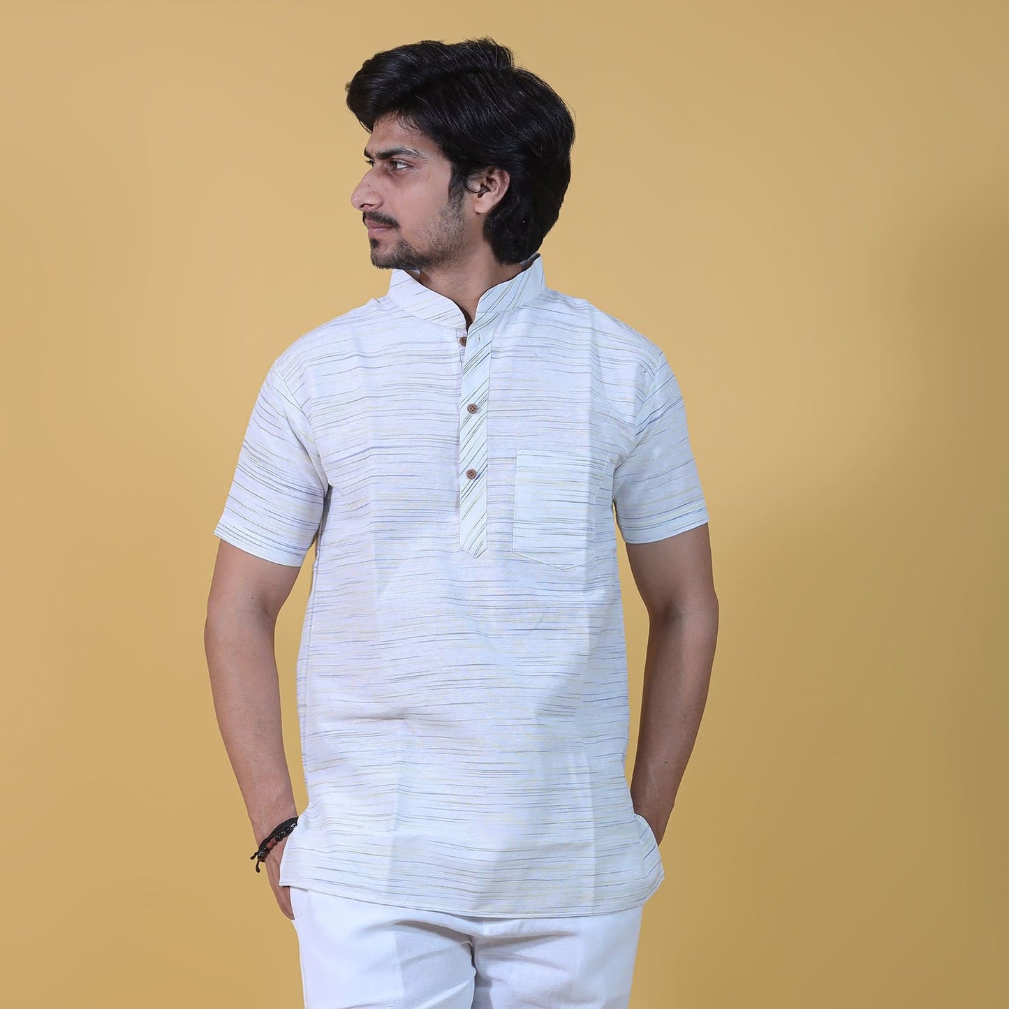 white khadi cotton short kurta for men with yellow jharna front view