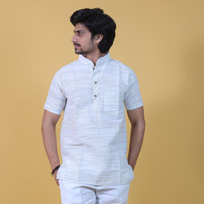 white khadi cotton short kurta for men with yellow jharna front view